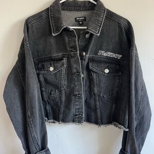 PacSun Playboy Cropped Denim Jacket Rhinestone Bunny Black M/L